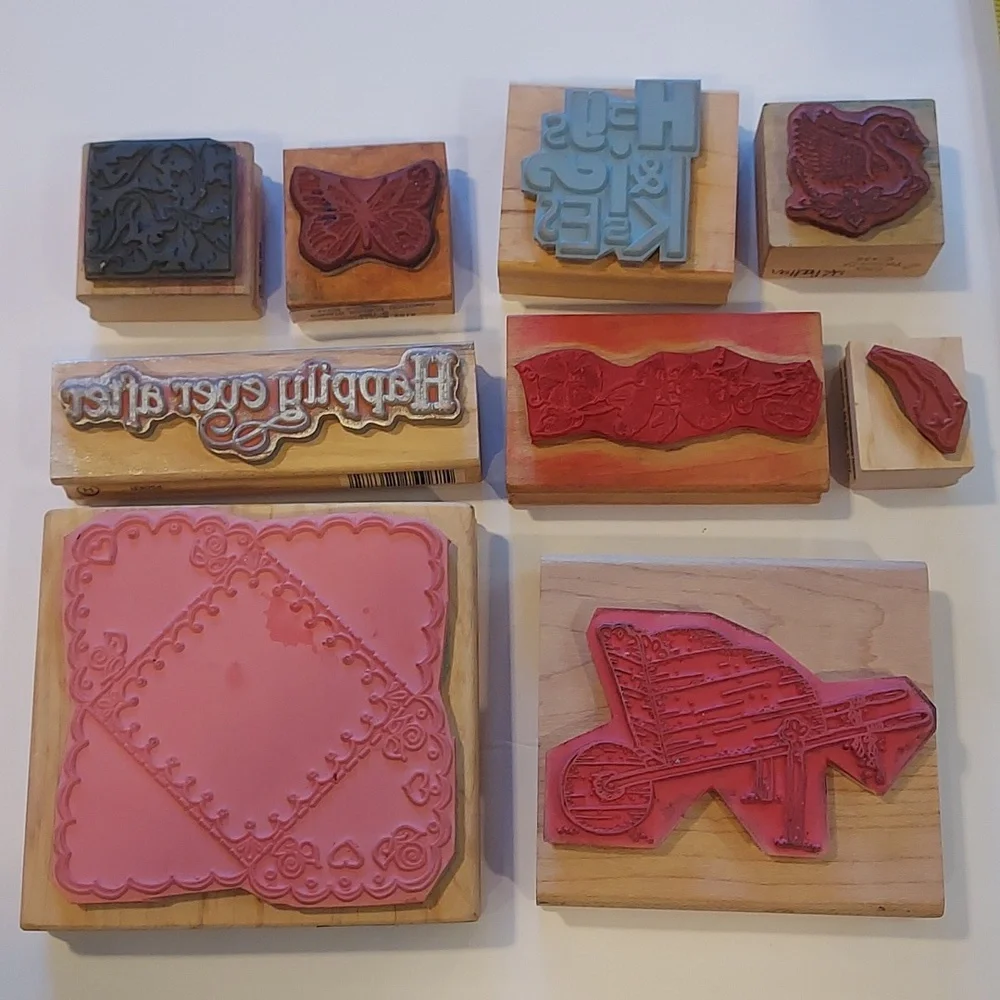 Rubber Stamps Set Of 9 Gardening Floral Swan Butterfly Pepper Wedding Hugs Kiss